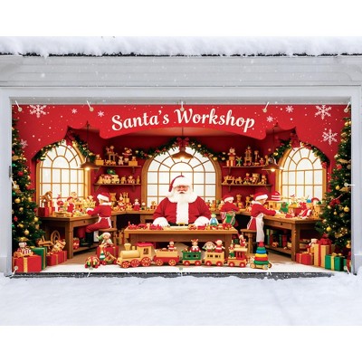 Santa Claus Workshop Theme Polyester Christmas Garage Door Banner, Multi-Functional Decoration for Parties and Homes, Reinforced Durable Material