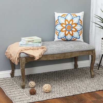 Gray Linen Upholstered Bench with Fir Wood Cabriole Legs