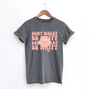 Simply Sage Market Women's Don't Worry Be Happy Smiley Face Short Sleeve Garment Dyed Tee - 1 of 4