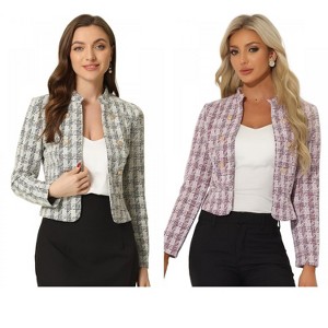 INSPIRE CHIC Women's Tweed Stand Collar Business Open Front Cropped Jacket 2 Packs - 1 of 4