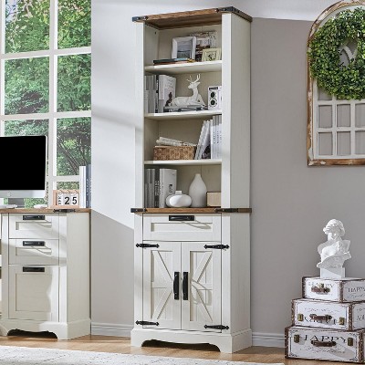 Farmhouse Bookshelf with Storage Cabinet, 72" Tall Bookcase with Drawer and Barn Door for Office Library, Living Room