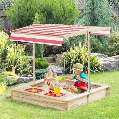 Natural Fir Wood Square Sandbox with Adjustable Red Canopy