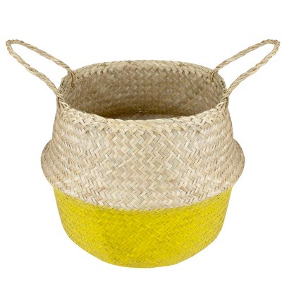 Beige and Yellow Seagrass Belly Basket with Handles