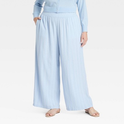 Women's High-Rise Wide Leg Linen Pull-On Pants - Ava & Viv™ Blue Striped 1X