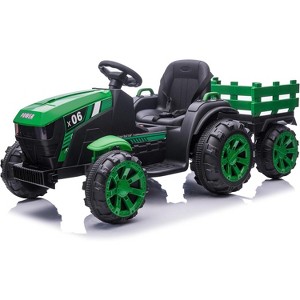 12V Kids Ride On Tractor with Trailer, Electric Farm Vehicle with Remote Control, Dual Motors, LED Lights, Music & Engine Sounds, for Ages 3-7 - 1 of 4