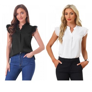 INSPIRE CHIC Women's V Neck Ruffle Cap Sleeves Solid Elegant Shirt 2 Packs - 1 of 4