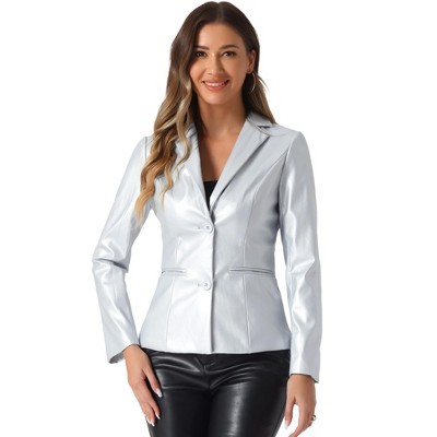 INSPIRE CHIC Women's Notched Lapel Single-Breasted Faux Leather Blazer