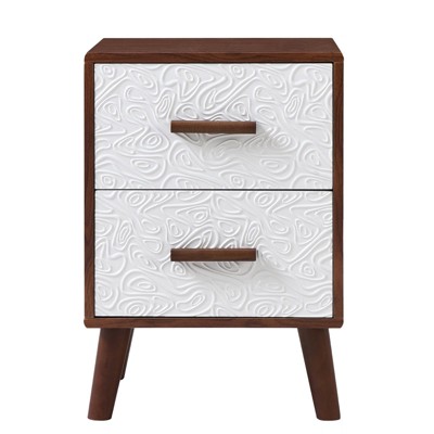 Wood Bedside Table Square End Table with 2 Drawer Adorned with Embossed Patterns, Wood Legs and Handles for Bedroom, Living Room