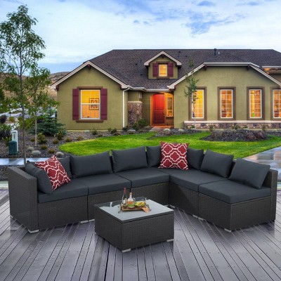 NicBex 7 Piece Outdoor PE Wicker Furniture Set with Tempered Glass Top Coffee Table,Patio Sectional Sofa Couch with 2 Pillows
