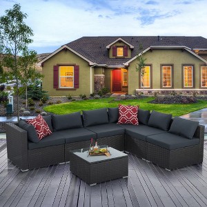 NicBex 7 Piece Outdoor PE Wicker Furniture Set with Tempered Glass Top Coffee Table,Patio Sectional Sofa Couch with 2 Pillows - 1 of 4