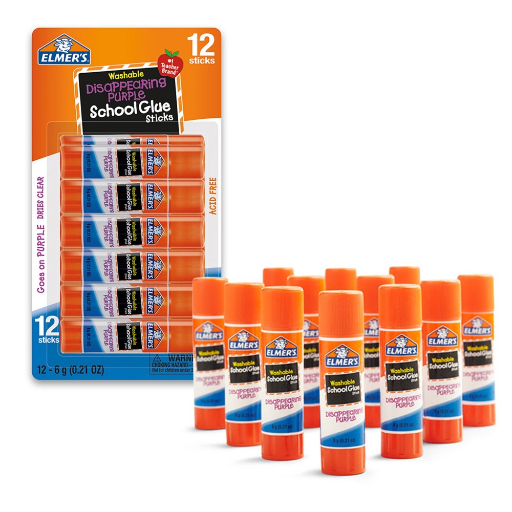 Elmer's 12pk Washable School Glue Sticks - Disappearing Purple: Non-Toxic, Dries Clear, Large Glue Sticks 12 Pack