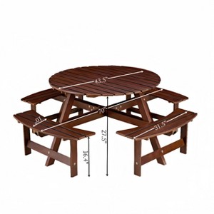Gulches 8-Person Round Outdoor Picnic Table with 4 Built-in Benches - 2" Umbrella Hole, Weather-Resistant Waterproof Wood, Brown - 1 of 4