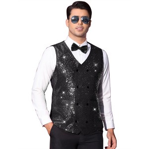 Lars Amadeus Men's V-Neck Slim Fit Double-Breasted Party Disco Prom Nightclub Sleeveless Sequin Vest - 1 of 4