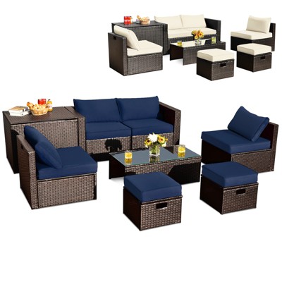 Tangkula 8 PCS Outdoor Wicker Furniture Set w/Storage Box Tempered Glass Table 2 Ottomans