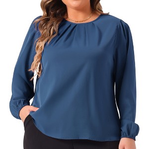 Agnes Orinda Women's Plus Size Work Office Crew Neck Pleated Long Sleeve Blouse - 1 of 4