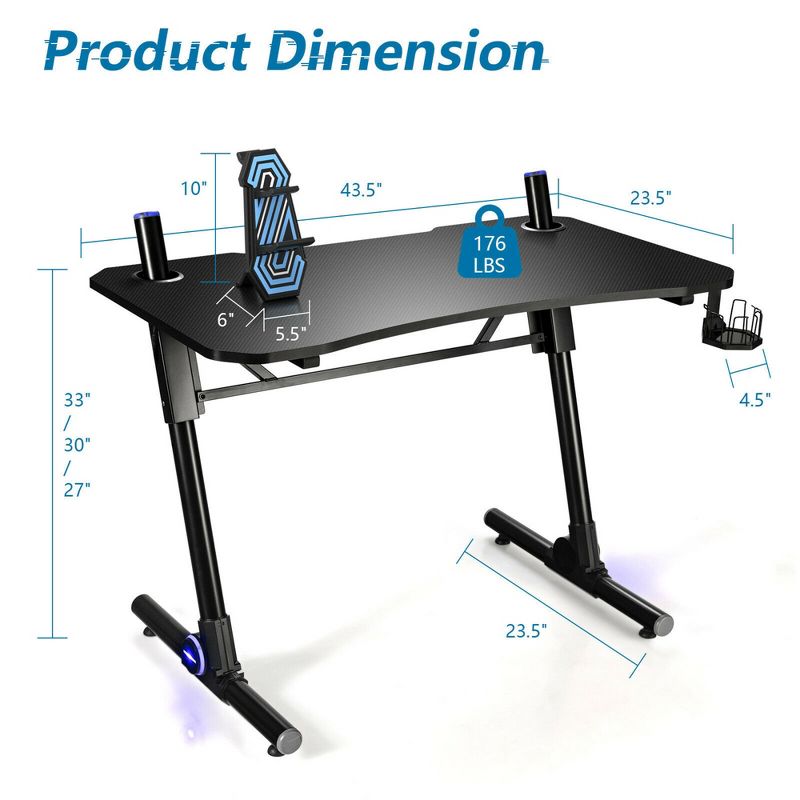 Costway Gaming Computer Desk Height Adjustable w/ LED Light & Gaming Handle Rack, 2 of 11