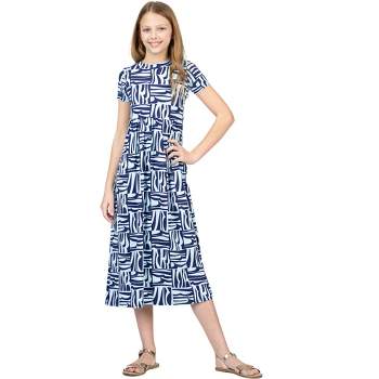 24sevenkid Girls Short Sleeve Blue Geo Print Maxi Dress