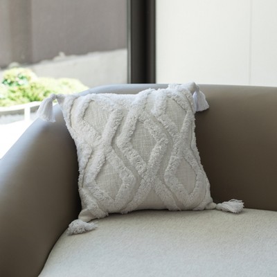Bohemian 16" White Tufted Cotton Throw Pillow with Tassel Accents