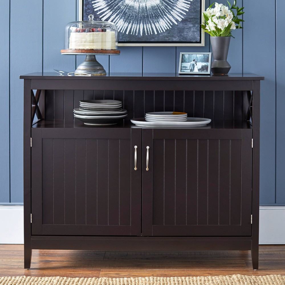 Buylateral Southport Farmhouse Buffet Servers Espresso: Sturdy Wood Composite, Adjustable Shelf, Silver Hardware