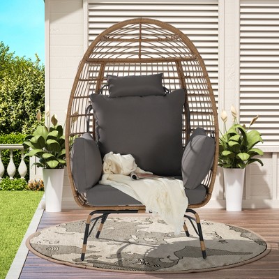 TiramisuBest Oversized Wicker Egg Chair with Cushion & Pillow, 600lbs ¨C Indoor/Outdoor for Porch/Backyard/Balcony (Dark Gray)
