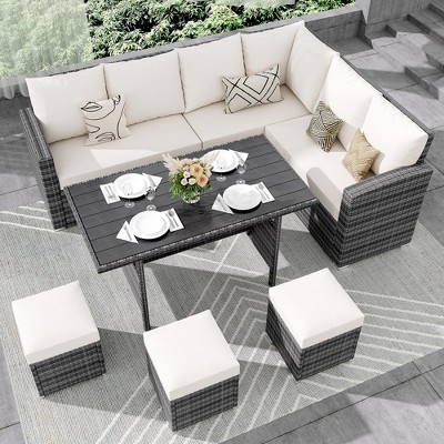 Whizmax Outdoor Patio Furniture Sets,PE Wicker Rattan Sectional Furniture Couch Set with Wood Coffee Table for Backyard, Deck, Poolside Off White