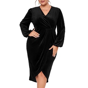 Clearlove Women's Plus Size Velvet Long Sleeve V Neck Bodycon Ruched Wrap Casual Party Cocktail Dresses - 1 of 4