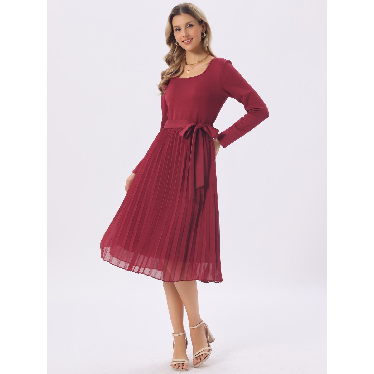 Женские платья INSPIRE CHIC Women's Flowy Long Sleeve Crew Belted Pleated Casual A Line Midi Dresses Wine Red Small — фото 5