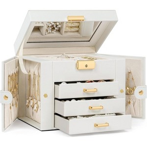 Leather Jewelry Box with Mirror & Lock, 3-Tier Organizer with 2 Drawers for Necklaces & Bracelets - 1 of 4