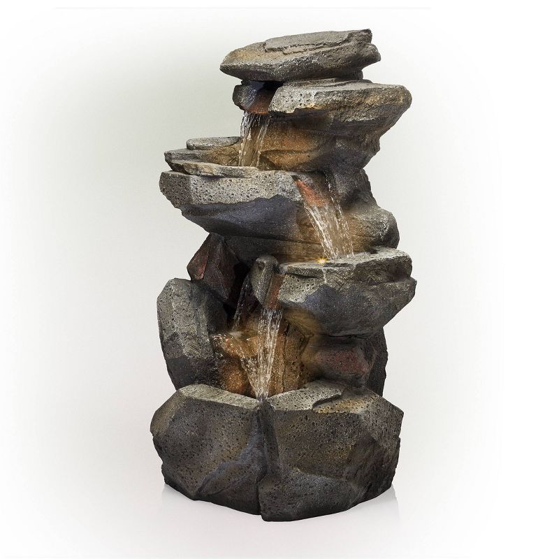 40&#34; Resin Rock 5-Tier Cascading Fountain with LED Lights Gray - Alpine Corporation, 5 of 8