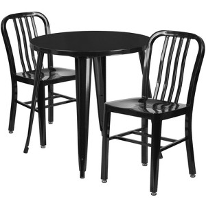 Emma and Oliver Commercial Grade 30" Round Metal Indoor-Outdoor Table Set & 2 Slat Back Chairs - 1 of 4