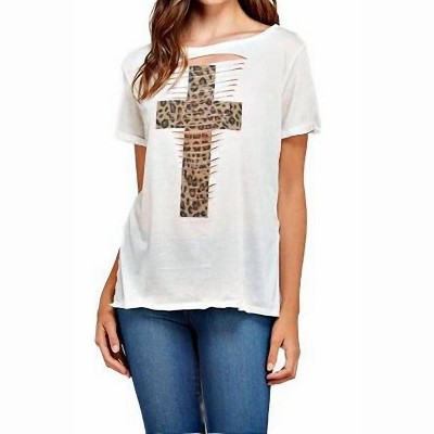Women's Laser Cut Tee with Leopard Print Cross - Phil Love