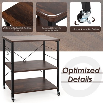 Nut Brown 3-Tier Kitchen Cart with Hooks and Wheels