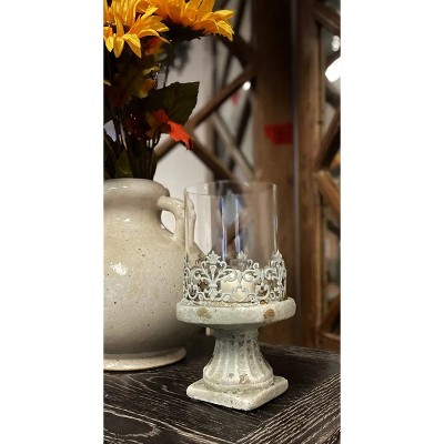 Slickblue Cement Hurricane Base, Candle Holder with Glass and Iron Fence, Rustic Distressed Style