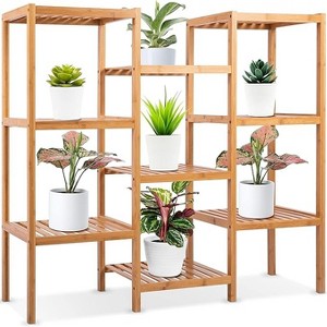 SereneLife Bamboo 9 Tier Plant Stand-Free Standing Storage Shelves for Multiple Potted Plants, Corner Shelf House Accessories Indoor and Outdoor - 1 of 4