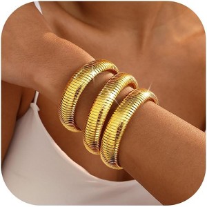 Gold Stretch Bangles for Women - Set of 3 Chunky 24K Gold Plated Stainless Steel Flexible Wide Stack Bracelets - 1 of 4