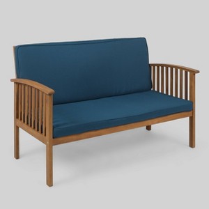 Carolina Acacia Wood Loveseat - Brown/Dark Teal - Christopher Knight Home: Weather-Resistant Patio Sofa with Cushions - 1 of 4