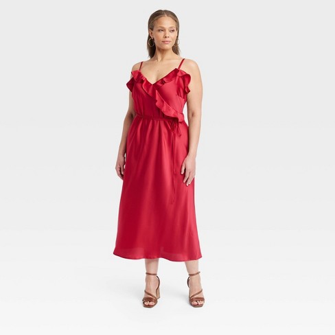 Women's Ruffle Midi Slip Dress - A New Day™ Red 4x : Target