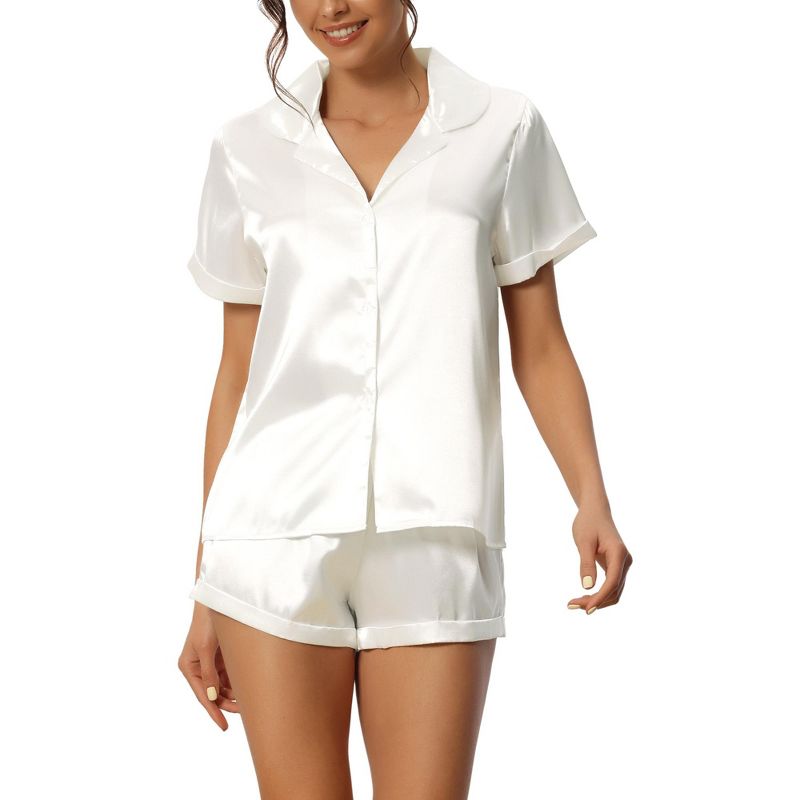 cheibear Women's Satin Button Short Sleeve Shirt and Shorts 2 Pcs Pajama Set, 1 of 6