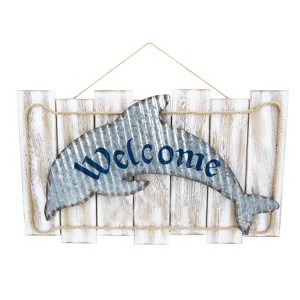 Beachcombers Coastal Plaque Sign Wall Hanging Decor Decoration For The Beach With Metal Dolphin 20.875 x 12.5 x 0.25 Inches. - 1 of 2