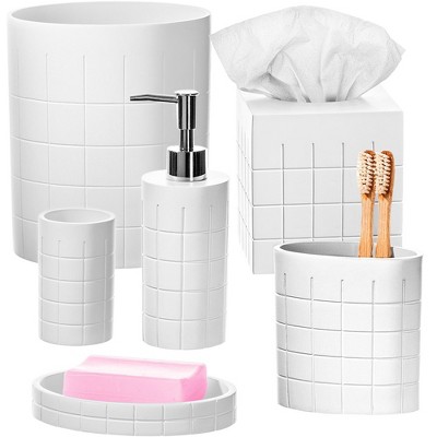 Creative Scents Polar White 6 Pcs Bath Set - Features: Soap Dispenser, Toothbrush Holder, Tumbler, Soap Dish, Square Tissue Cover, and Wastebasket