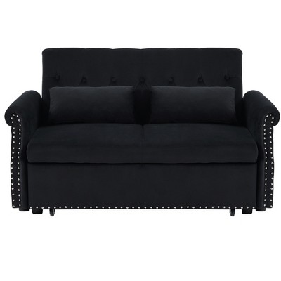 NicBex Modern Velvet Convertible Loveseat Sleeper Sofa with 2 Lumbar Pillows,Adjustable Pull-Out Bed and Removable Armrest for Living Room,Black
