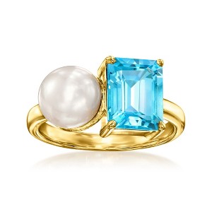 Ross-Simons 7.5-8mm Cultured Pearl and 2.90 Carat Swiss Blue Topaz Toi Et Moi Ring in 18kt Gold Over Sterling - 1 of 4
