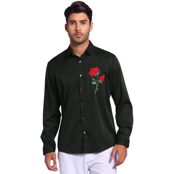 Lars Amadeus Men's Long Sleeves Button Down Floral Rose Embroidery Shirt