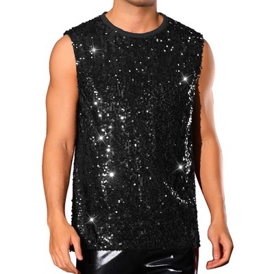 Lars Amadeus Men's Sleeveless Round Neck Glitter Disco Sparkly Metallic Party Tank Top