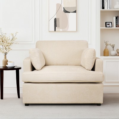 Beige Barrel Accent Chair with Wood Frame and Cushions