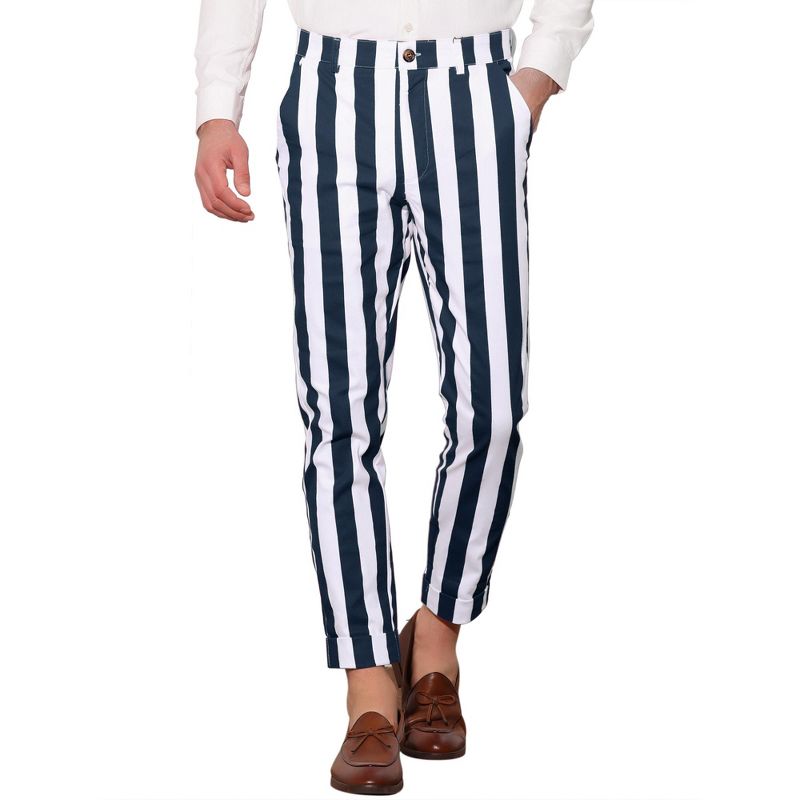 Lars Amadeus Men's Slim Fit Flat Front Business Striped Cropped Pants, 1 of 6