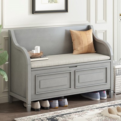 Rustic Style Solid Wood Entryway Storage Bench With Safety Hinge, Multi-functional Shoe Stool With Removable Upholstered Cushion