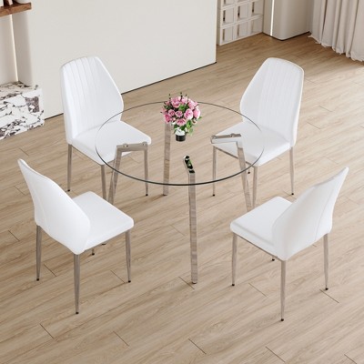 5 PCS Dining Table Set Dining Set Bistro Dining Set with 4 Upholstered Chairs & Tempered Glass Table with Metal Legs, White/Black+Silver-ModernLuxe