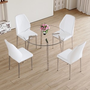 5 PCS Dining Table Set Dining Set Bistro Dining Set with 4 Upholstered Chairs & Tempered Glass Table with Metal Legs, White/Black+Silver-ModernLuxe - 1 of 4