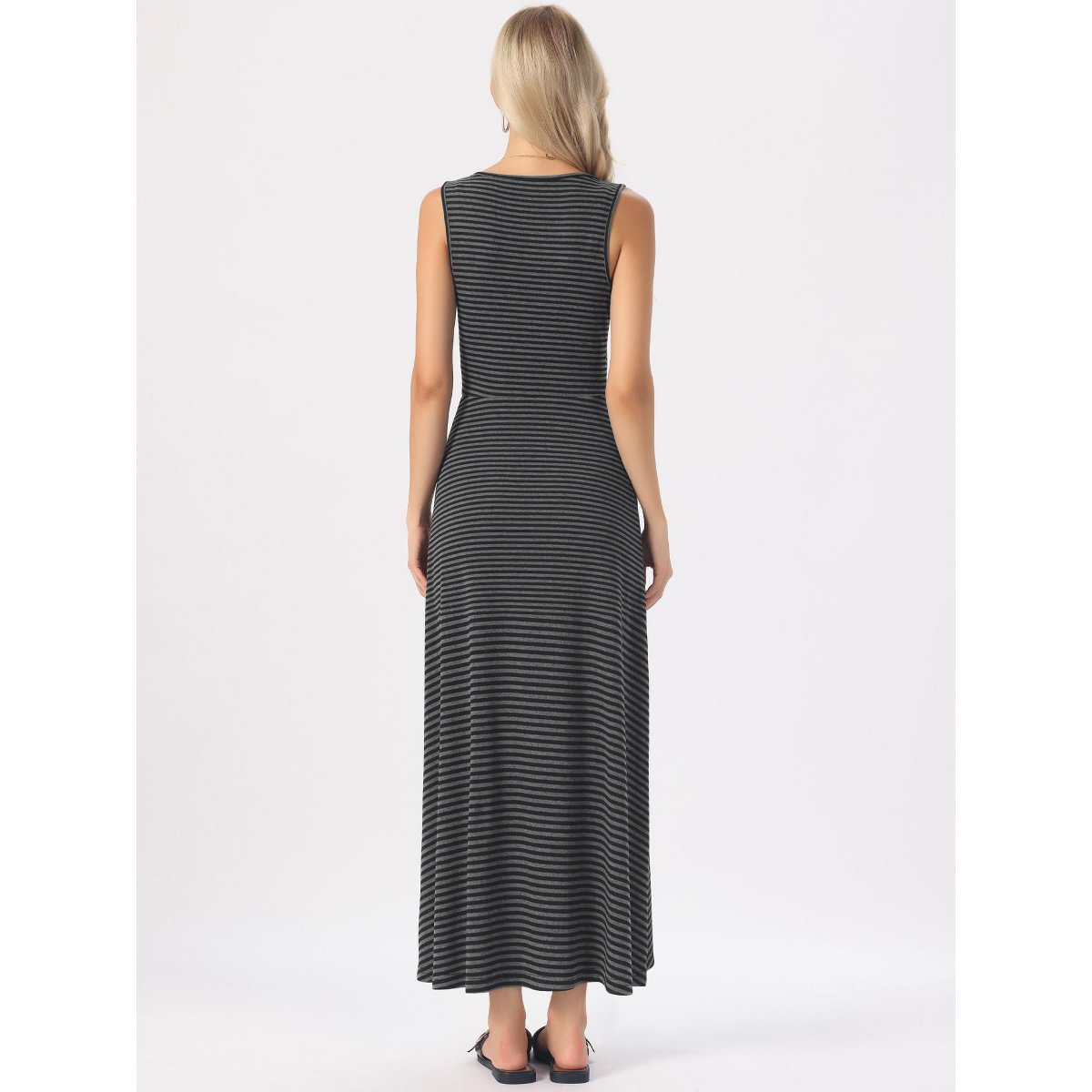 Женские платья INSPIRE CHIC Women's Striped Summer Ribbed Knit Sleeveless Square Neck Bodycon Maxi Dresses Gray Medium — фото 3